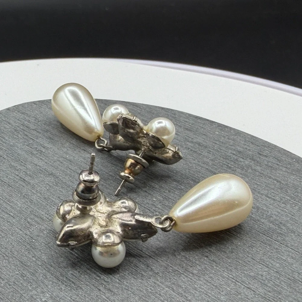 Faux Pearl Rhinestone Teardrop Dangle Earrings Bridal Coquette Statement Gift